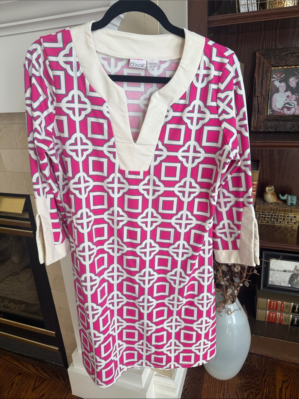 Women’s Colorful Geometric dress- Pink & White Resort Pulitzer style Large L